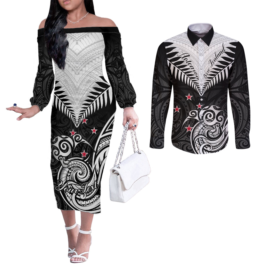 Personalised New Zealand Couples Matching Off The Shoulder Long Sleeve Dress and Long Sleeve Button Shirts Aotearoa Maori Kiwi Black Fern LT01 Black - Polynesian Pride