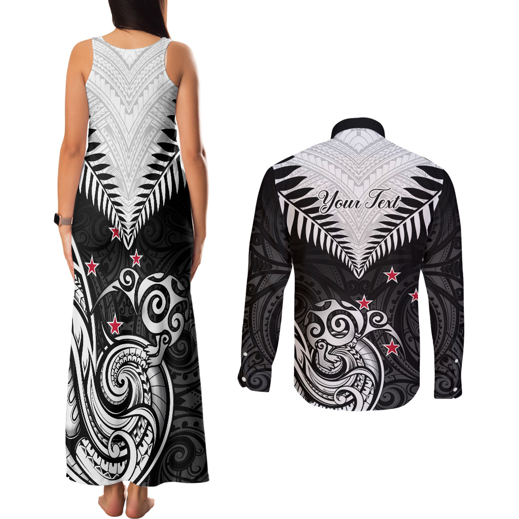 Personalised New Zealand Couples Matching Tank Maxi Dress and Long Sleeve Button Shirts Aotearoa Maori Kiwi Black Fern LT01 - Polynesian Pride