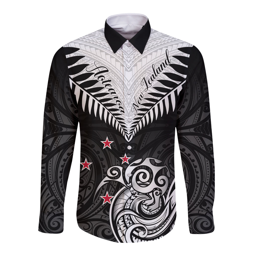 Personalised New Zealand Long Sleeve Button Shirt Aotearoa Maori Kiwi Black Fern LT01 Unisex Black - Polynesian Pride