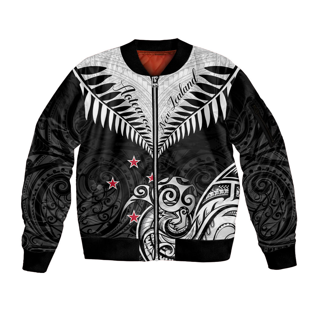 Personalised New Zealand Sleeve Zip Bomber Jacket Aotearoa Maori Kiwi Black Fern LT01 Unisex Black - Polynesian Pride