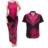 Personalised Aotearoa Couples Matching Tank Maxi Dress And Hawaiian Shirt Maori Kiwi Pink Fern LT01 Pink - Polynesian Pride