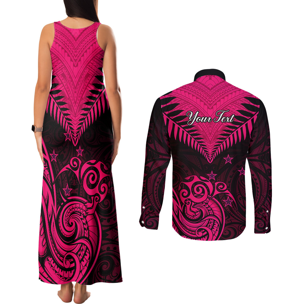 Personalised Aotearoa Couples Matching Tank Maxi Dress and Long Sleeve Button Shirts Maori Kiwi Pink Fern LT01 - Polynesian Pride