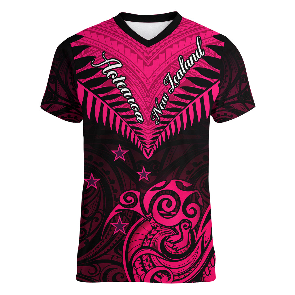 Personalised Aotearoa Women V Neck T Shirt Maori Kiwi Pink Fern LT01 Female Pink - Polynesian Pride