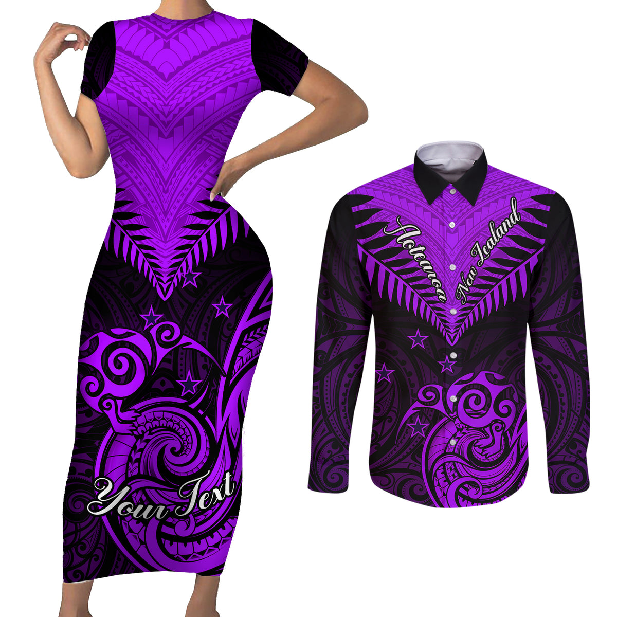 Personalised Aotearoa Couples Matching Short Sleeve Bodycon Dress and Long Sleeve Button Shirts Maori Kiwi Purple Fern LT01 Purple - Polynesian Pride
