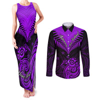 Personalised Aotearoa Couples Matching Tank Maxi Dress and Long Sleeve Button Shirts Maori Kiwi Purple Fern LT01 Purple - Polynesian Pride