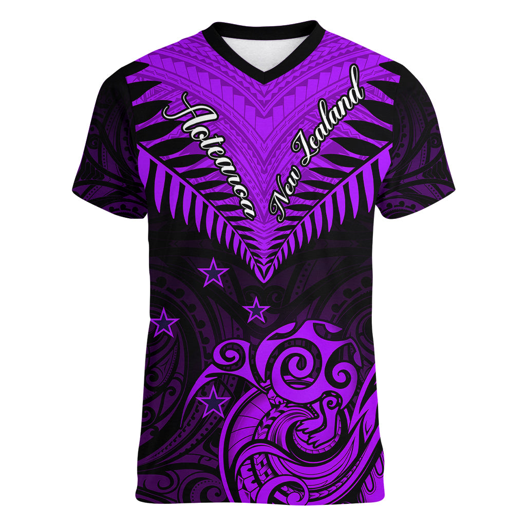 Personalised Aotearoa Women V Neck T Shirt Maori Kiwi Purple Fern LT01 Female Purple - Polynesian Pride