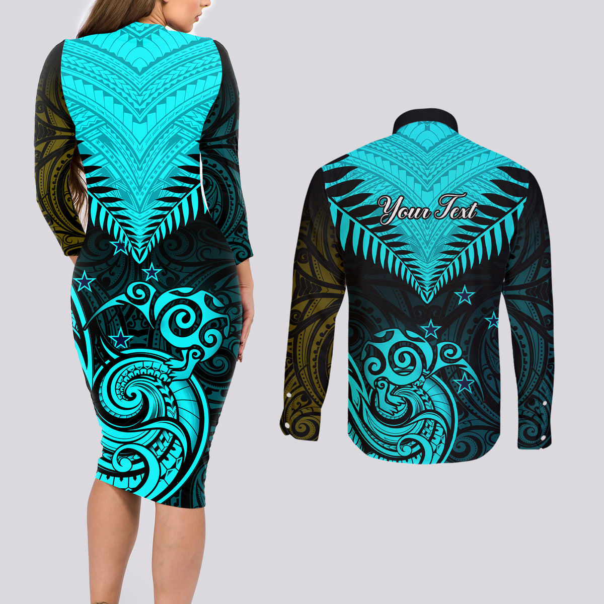 Personalised Aotearoa Couples Matching Long Sleeve Bodycon Dress and Long Sleeve Button Shirts Maori Kiwi Turquoise Fern LT01 - Polynesian Pride