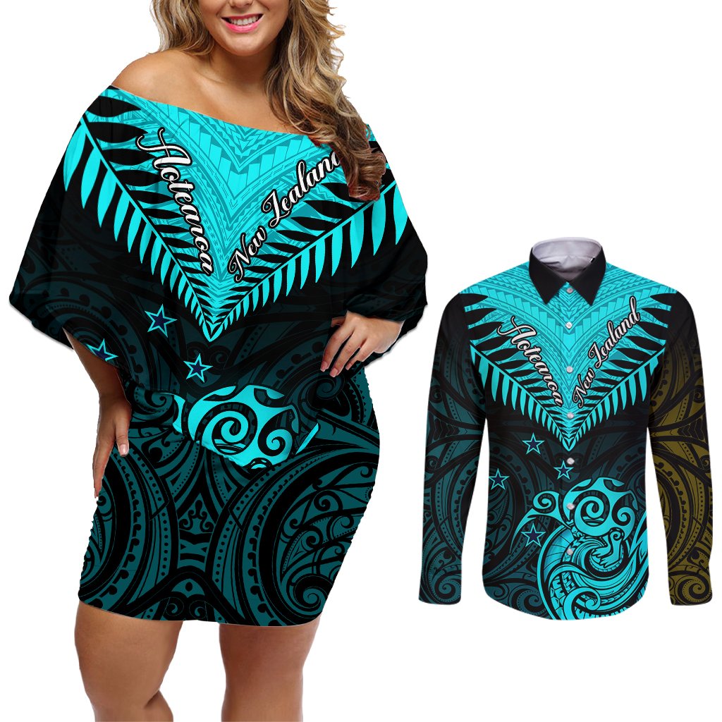 Personalised Aotearoa Couples Matching Off Shoulder Short Dress and Long Sleeve Button Shirts Maori Kiwi Turquoise Fern LT01 Turquoise - Polynesian Pride