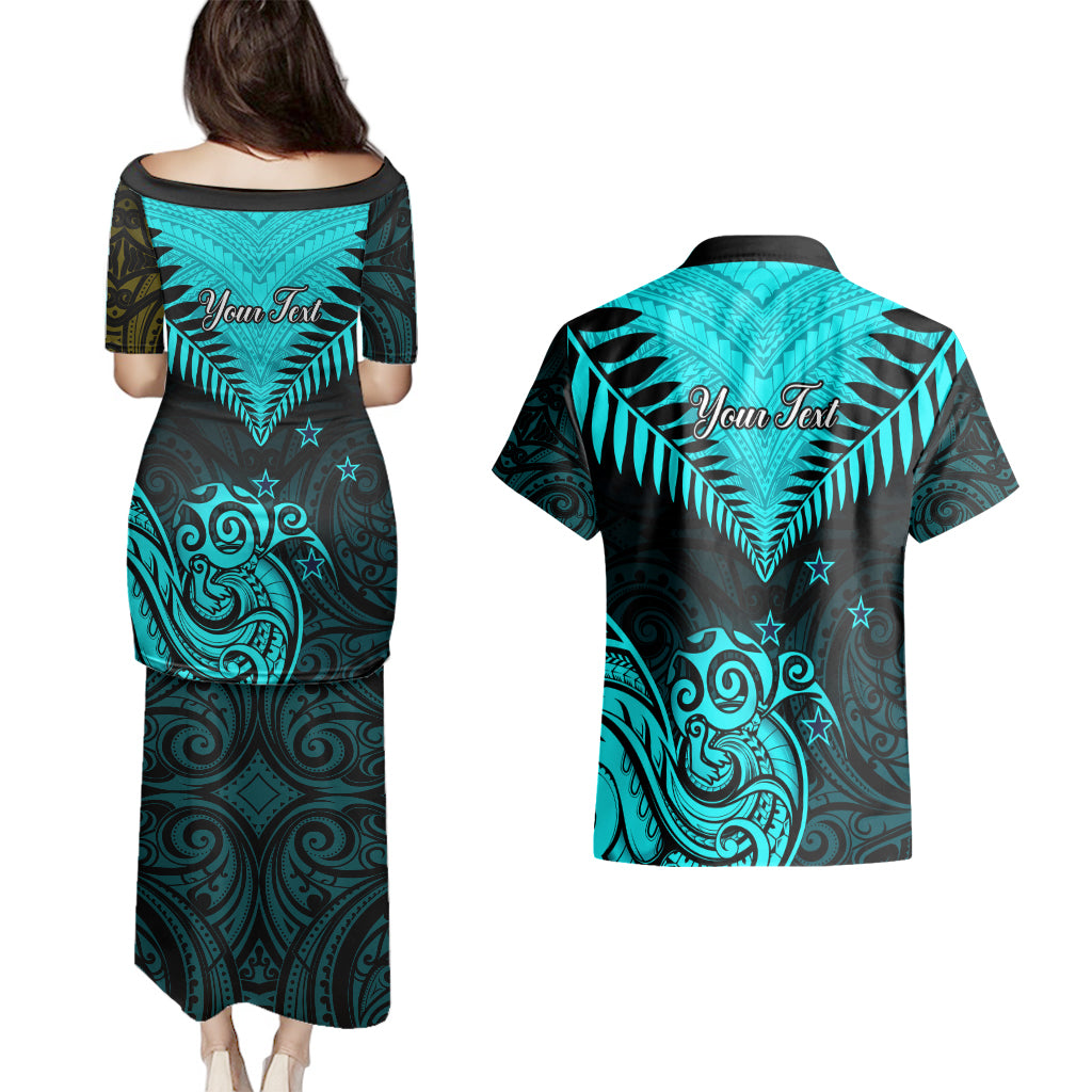 Personalised Aotearoa Couples Matching Puletasi Dress and Hawaiian Shirt Maori Kiwi Turquoise Fern LT01 - Polynesian Pride