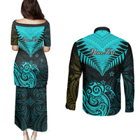 Personalised Aotearoa Couples Matching Puletasi Dress and Long Sleeve Button Shirts Maori Kiwi Turquoise Fern LT01 - Polynesian Pride