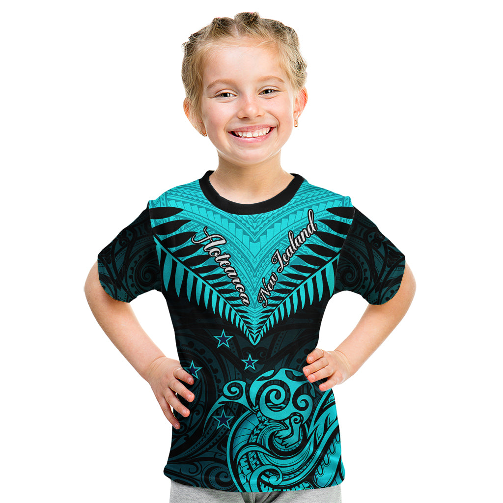 Personalised Aotearoa Kid T Shirt Maori Kiwi Turquoise Fern LT01 Turquoise - Polynesian Pride