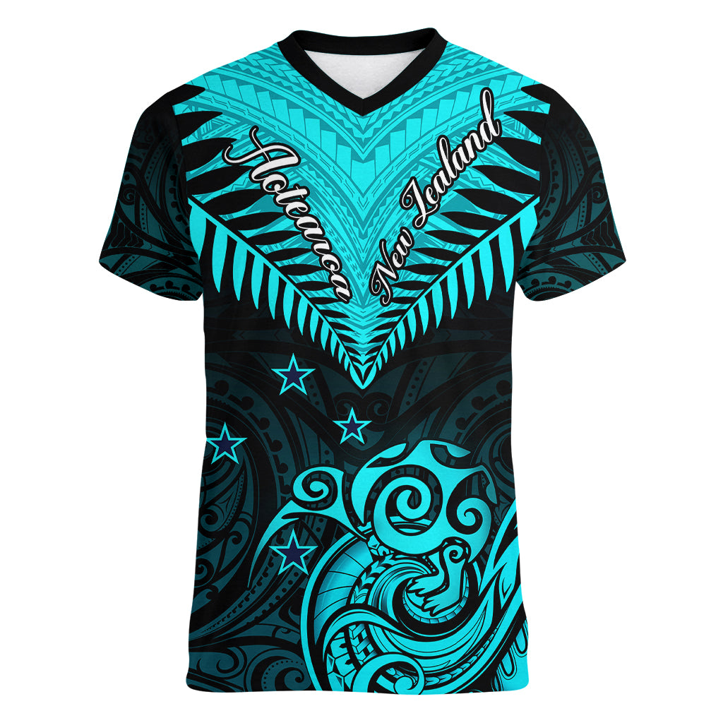 Personalised Aotearoa Women V Neck T Shirt Maori Kiwi Turquoise Fern LT01 Female Turquoise - Polynesian Pride