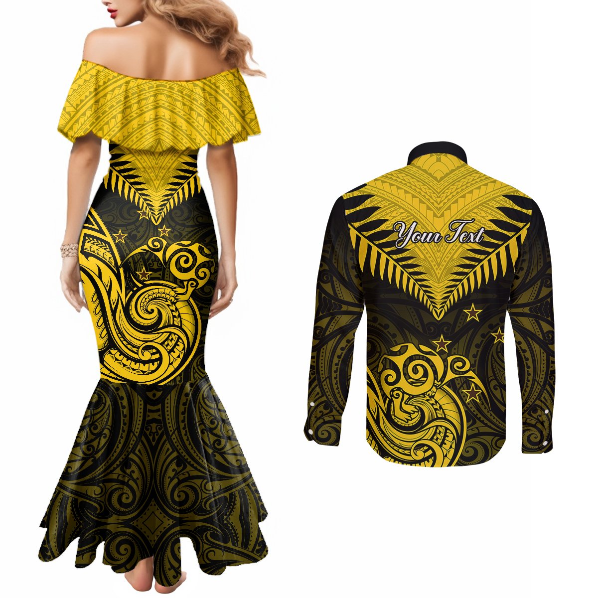 Personalised Aotearoa Couples Matching Mermaid Dress and Long Sleeve Button Shirts Maori Kiwi Yellow Fern LT01 - Polynesian Pride