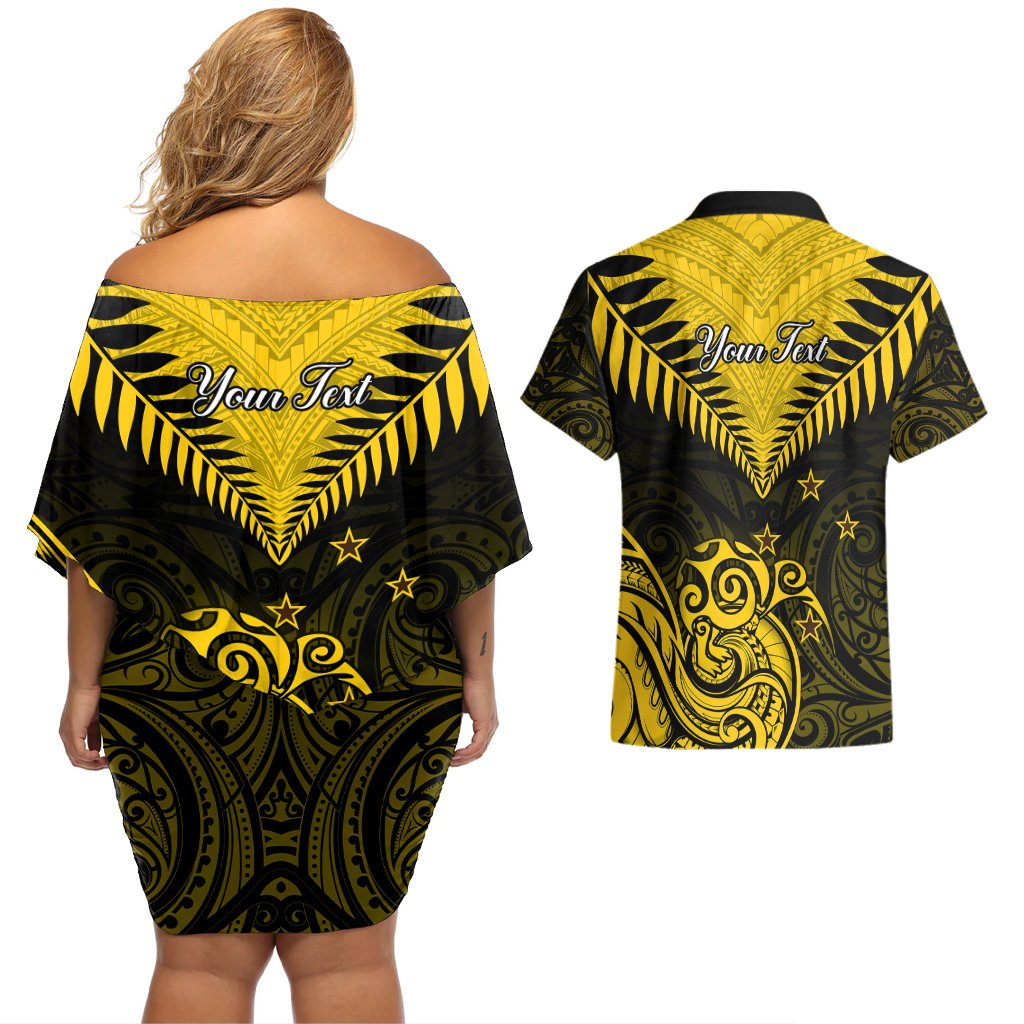 Personalised Aotearoa Couples Matching Off Shoulder Short Dress and Hawaiian Shirt Maori Kiwi Yellow Fern LT01 - Polynesian Pride