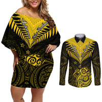 Personalised Aotearoa Couples Matching Off Shoulder Short Dress and Long Sleeve Button Shirts Maori Kiwi Yellow Fern LT01 Yellow - Polynesian Pride