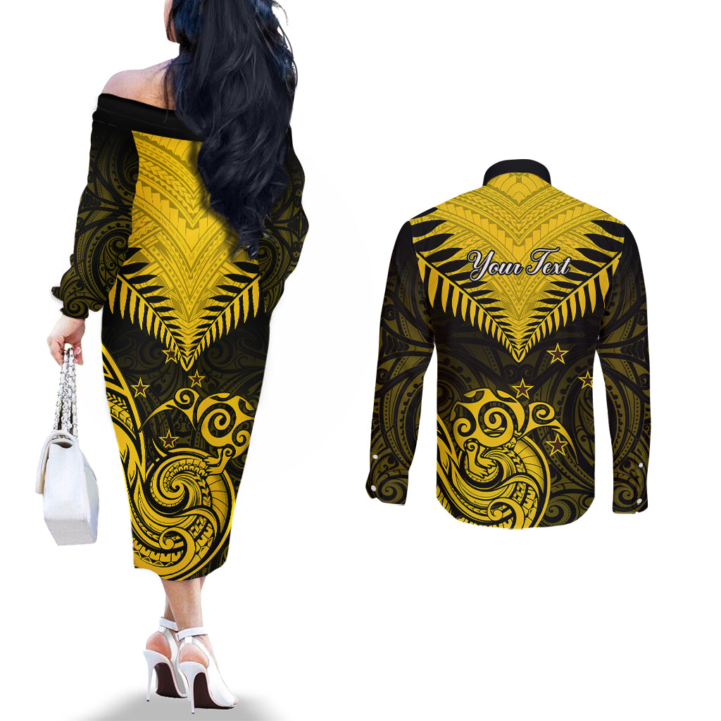 Personalised Aotearoa Couples Matching Off The Shoulder Long Sleeve Dress and Long Sleeve Button Shirts Maori Kiwi Yellow Fern LT01 - Polynesian Pride
