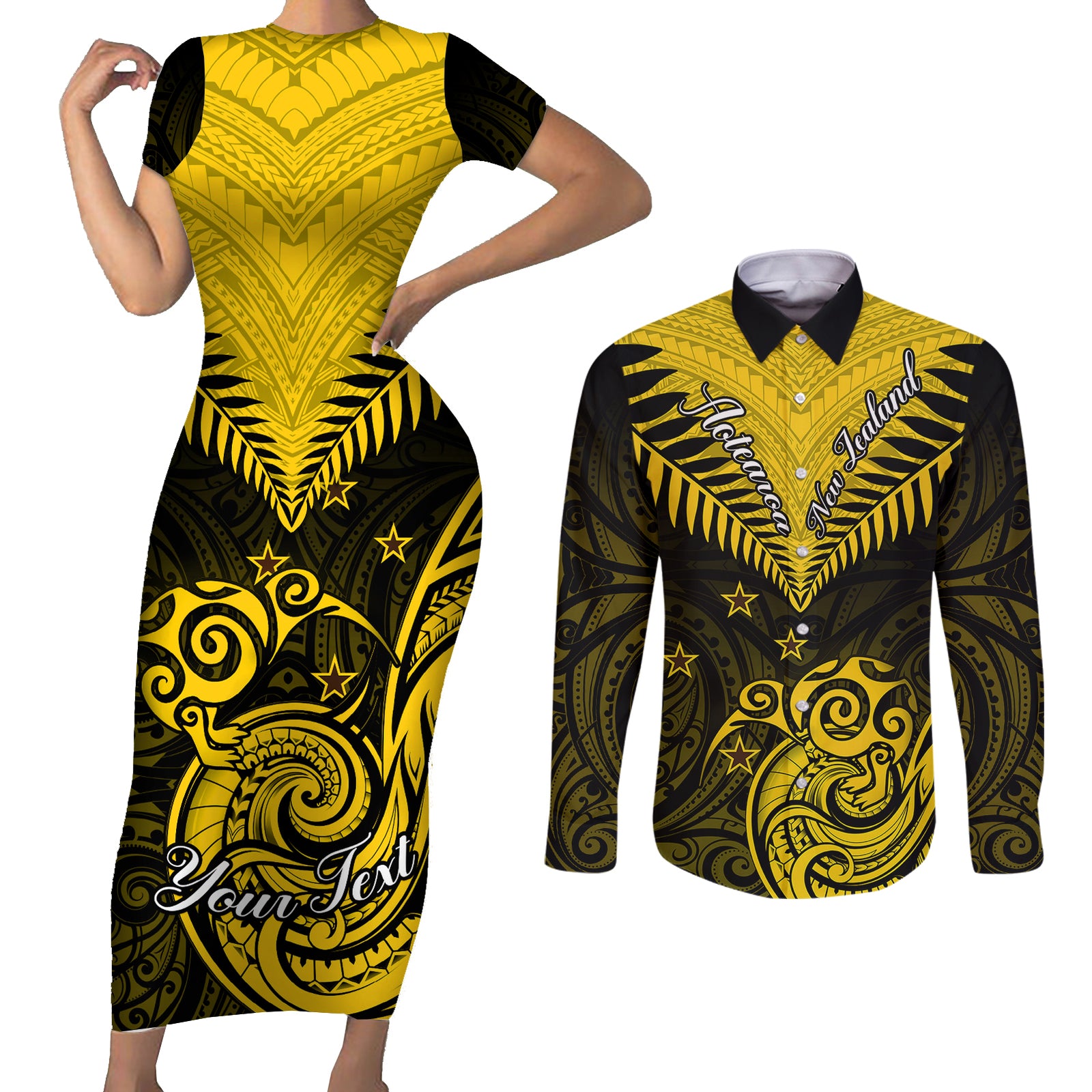 Personalised Aotearoa Couples Matching Short Sleeve Bodycon Dress and Long Sleeve Button Shirts Maori Kiwi Yellow Fern LT01 Yellow - Polynesian Pride