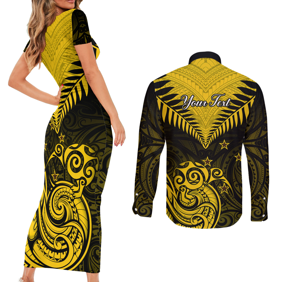 Personalised Aotearoa Couples Matching Short Sleeve Bodycon Dress and Long Sleeve Button Shirts Maori Kiwi Yellow Fern LT01 - Polynesian Pride
