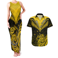 Personalised Aotearoa Couples Matching Tank Maxi Dress And Hawaiian Shirt Maori Kiwi Yellow Fern LT01 Yellow - Polynesian Pride