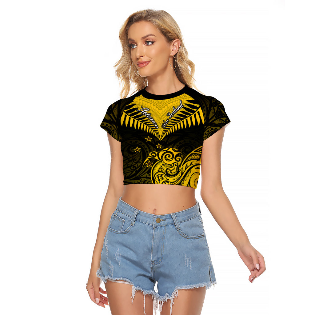 Personalised Aotearoa Raglan Cropped T Shirt Maori Kiwi Yellow Fern LT01 Female Yellow - Polynesian Pride