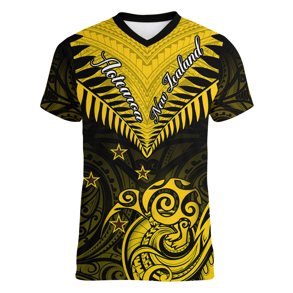 Personalised Aotearoa Women V Neck T Shirt Maori Kiwi Yellow Fern LT01 Female Yellow - Polynesian Pride