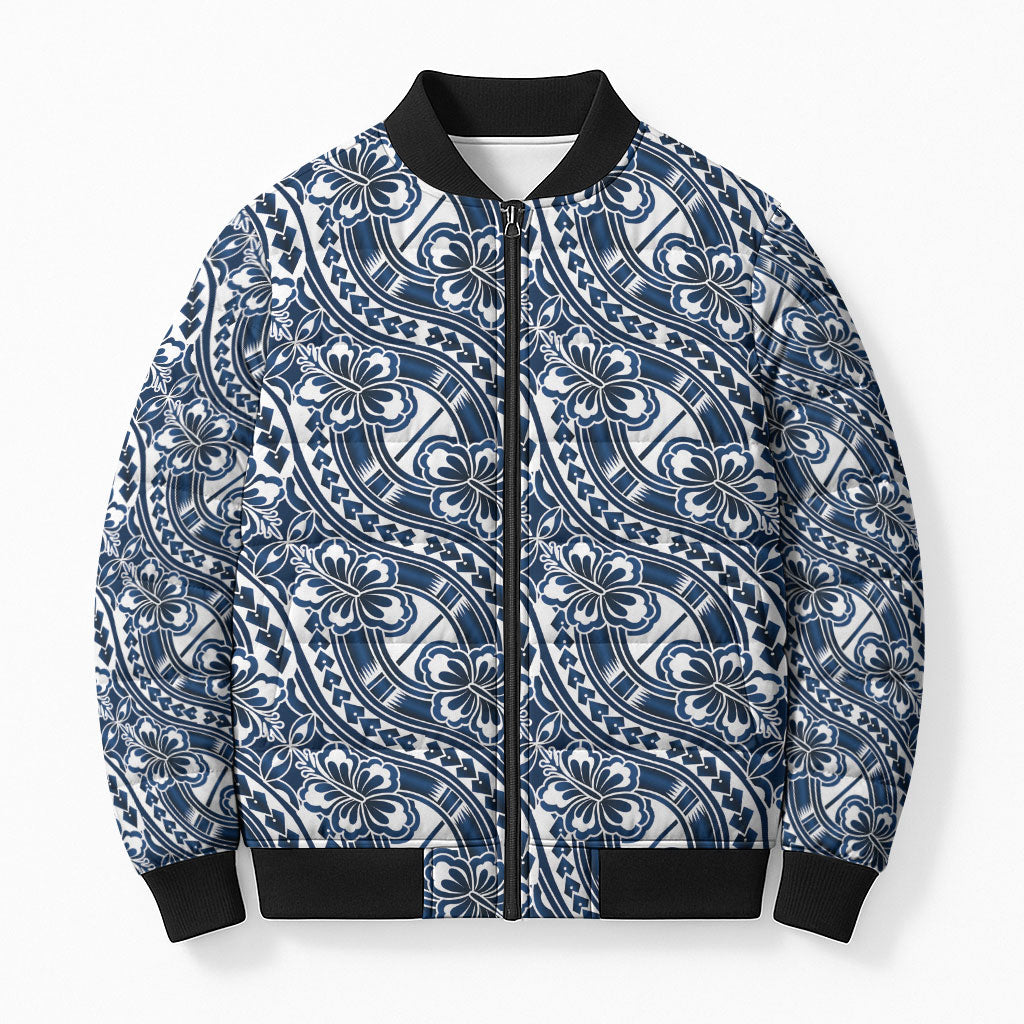 Hibiscus Bloom Island Tribal Waves Bomber Puffer Jacket Blue Polynesian Pattern LT01 Unisex Blue - Polynesian Pride