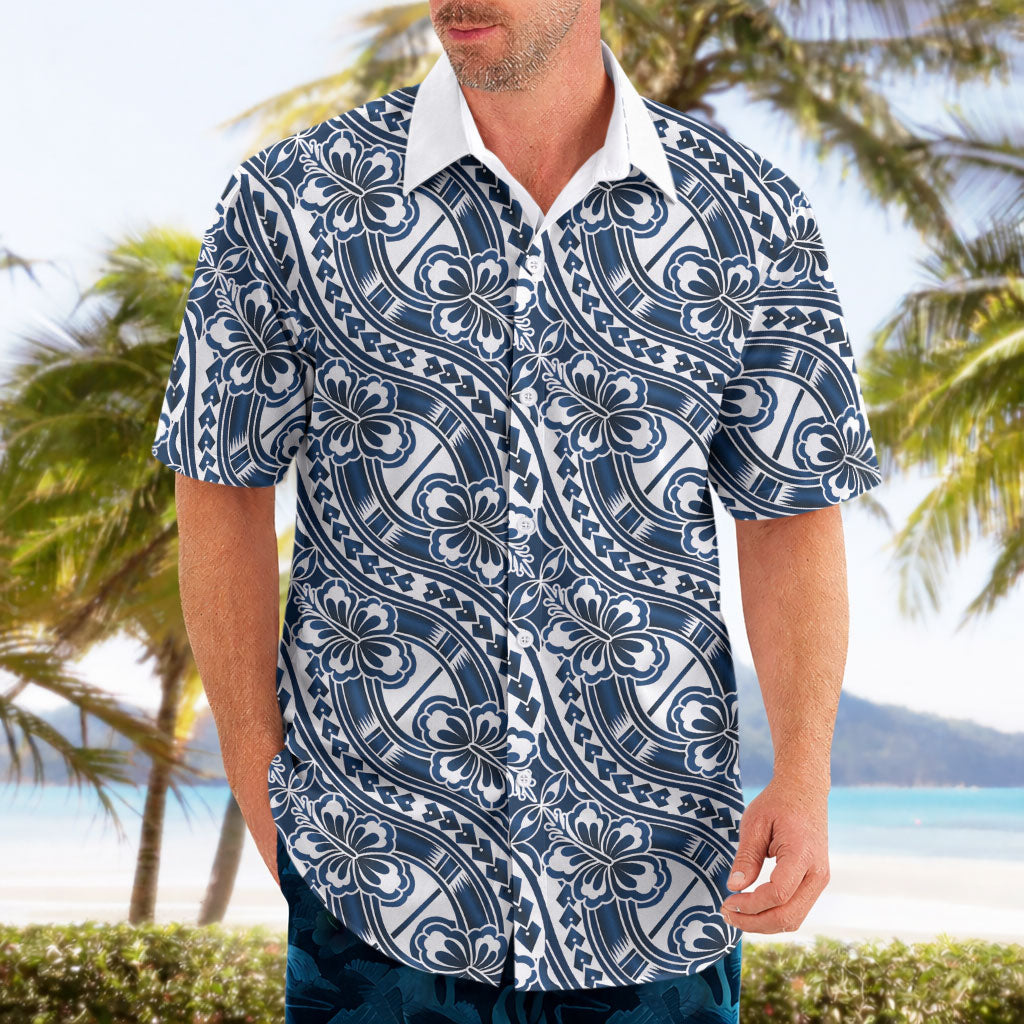 Hibiscus Bloom Island Tribal Waves Hawaiian Shirt Blue Polynesian Pattern LT01 - Polynesian Pride