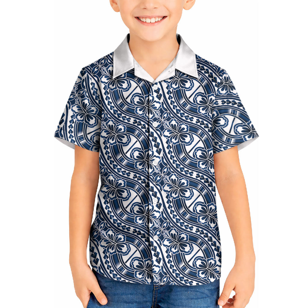 Hibiscus Bloom Island Tribal Waves Kid Hawaiian Shirt Blue Polynesian Pattern LT01 Kid Blue - Polynesian Pride