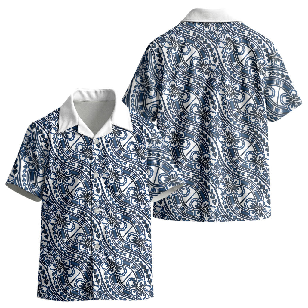 Hibiscus Bloom Island Tribal Waves Kid Hawaiian Shirt Blue Polynesian Pattern LT01 - Polynesian Pride