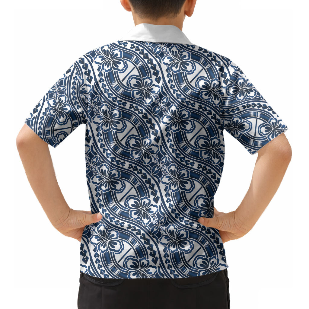 Hibiscus Bloom Island Tribal Waves Kid Hawaiian Shirt Blue Polynesian Pattern LT01 - Polynesian Pride