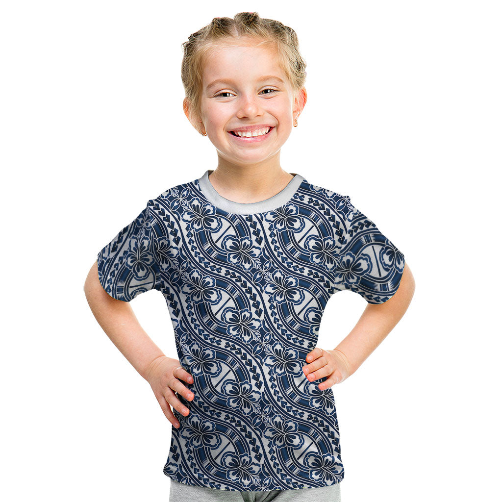 Hibiscus Bloom Island Tribal Waves Kid T Shirt Blue Polynesian Pattern