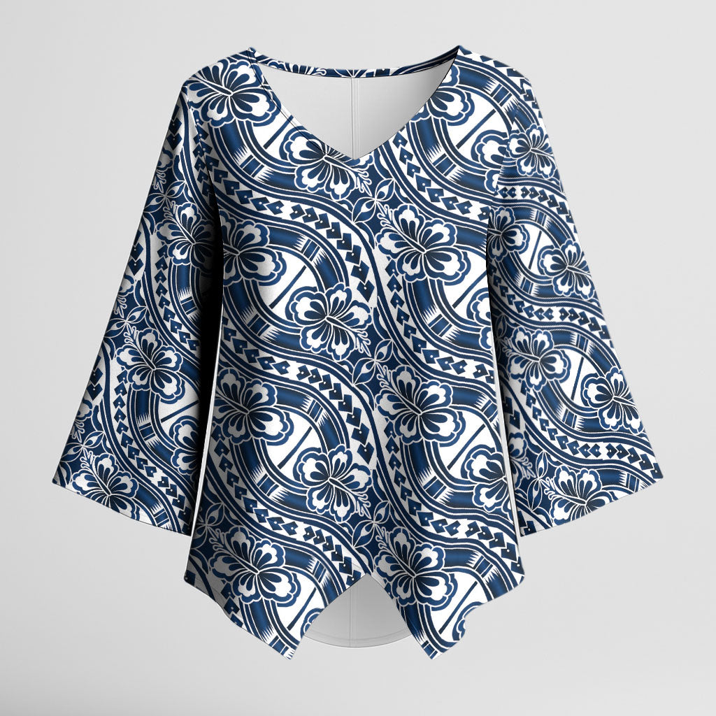 Hibiscus Bloom Island Tribal Waves Kimono Sleeve Blouse Blue Polynesian Pattern LT01 Female Blue - Polynesian Pride