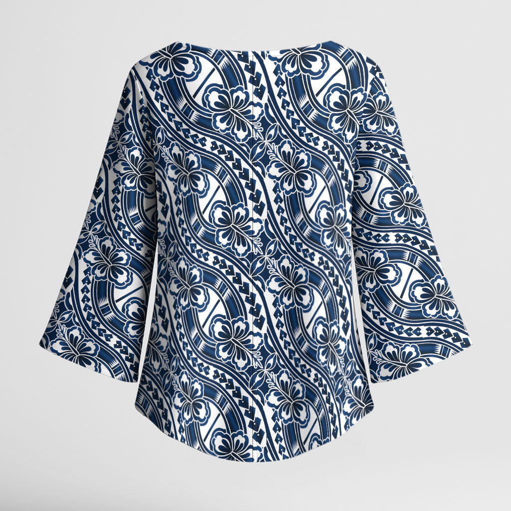 Hibiscus Bloom Island Tribal Waves Kimono Sleeve Blouse Blue Polynesian Pattern LT01 - Polynesian Pride