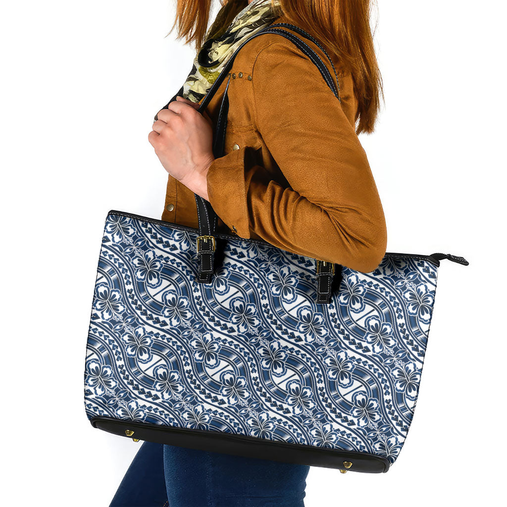 Hibiscus Bloom Island Tribal Waves Leather Tote Bag Blue Polynesian Pattern LT01 Blue - Polynesian Pride