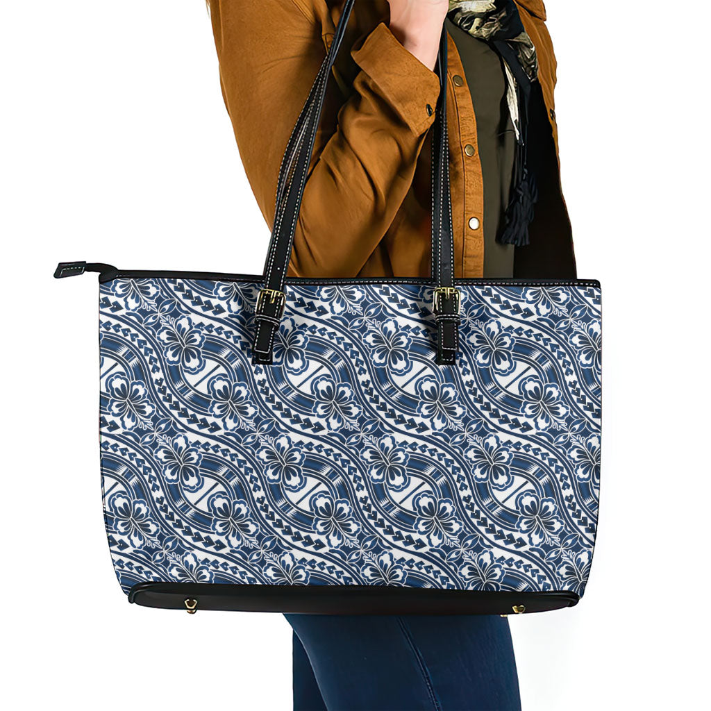 Hibiscus Bloom Island Tribal Waves Leather Tote Bag Blue Polynesian Pattern LT01 - Polynesian Pride