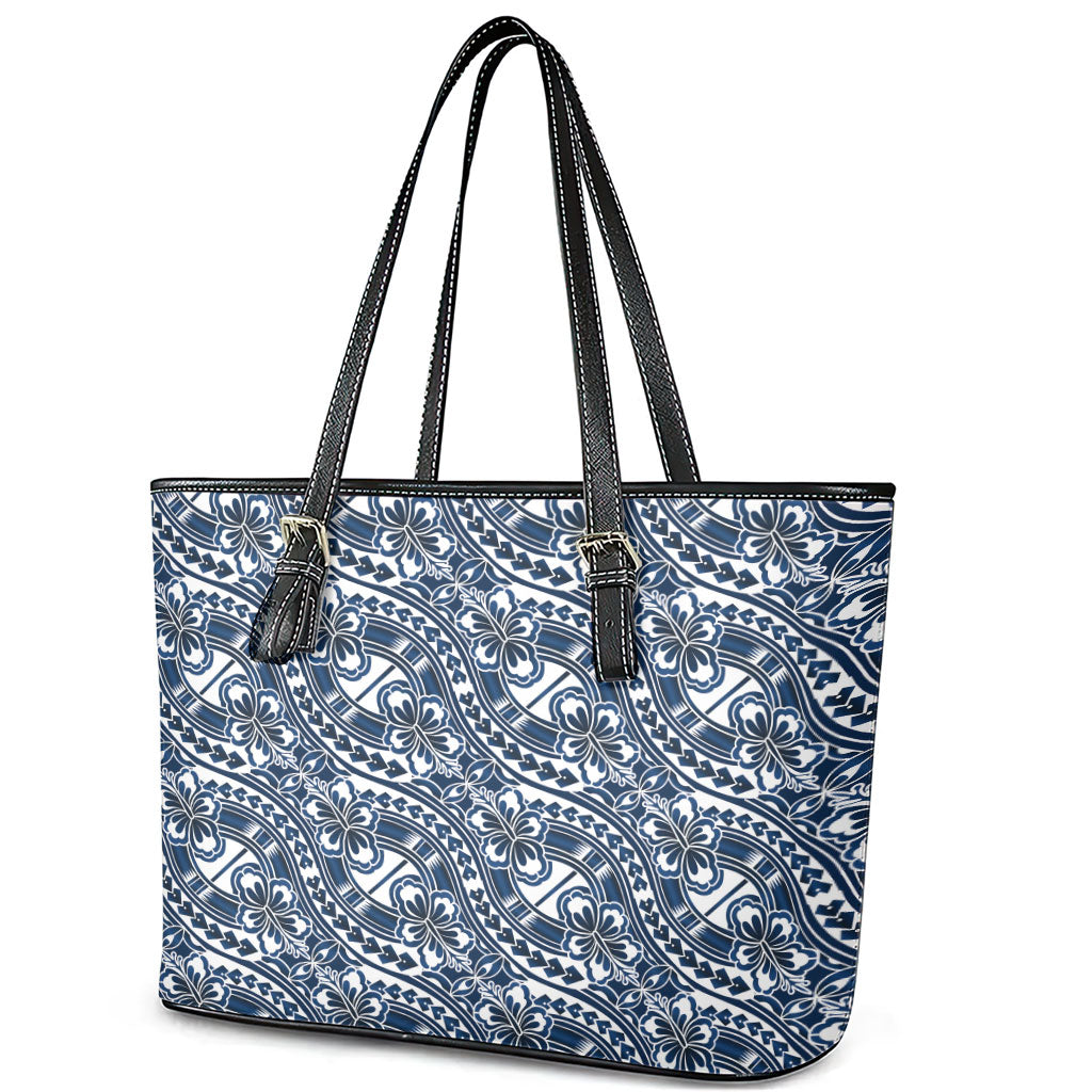 Hibiscus Bloom Island Tribal Waves Leather Tote Bag Blue Polynesian Pattern LT01 - Polynesian Pride