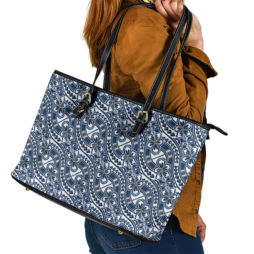 Hibiscus Bloom Island Tribal Waves Leather Tote Bag Blue Polynesian Pattern LT01 - Polynesian Pride