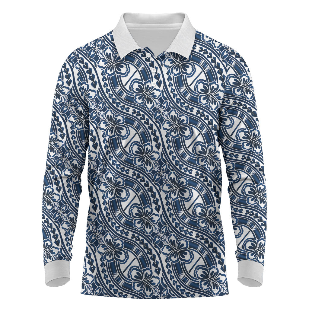 Hibiscus Bloom Island Tribal Waves Long Sleeve Polo Shirt Blue Polynesian Pattern LT01 Blue - Polynesian Pride