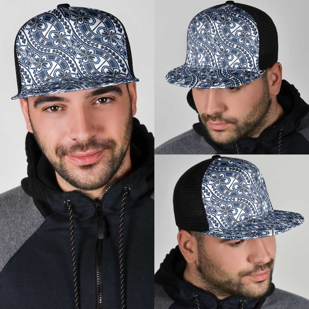 Hibiscus Bloom Island Tribal Waves Mesh Trucker Cap Blue Polynesian Pattern LT01 - Polynesian Pride
