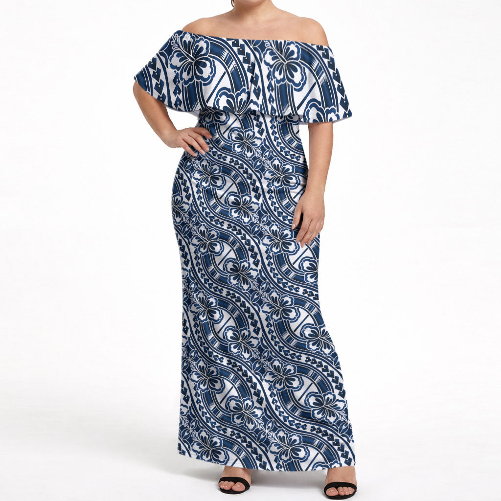 Hibiscus Bloom Island Tribal Waves Off Shoulder Maxi Dress Blue Polynesian Pattern