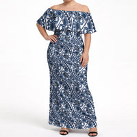 Hibiscus Bloom Island Tribal Waves Off Shoulder Maxi Dress Blue Polynesian Pattern