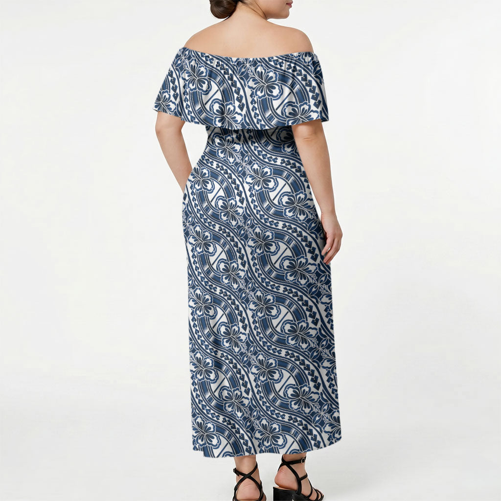 Hibiscus Bloom Island Tribal Waves Off Shoulder Maxi Dress Blue Polynesian Pattern