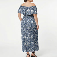 Hibiscus Bloom Island Tribal Waves Off Shoulder Maxi Dress Blue Polynesian Pattern