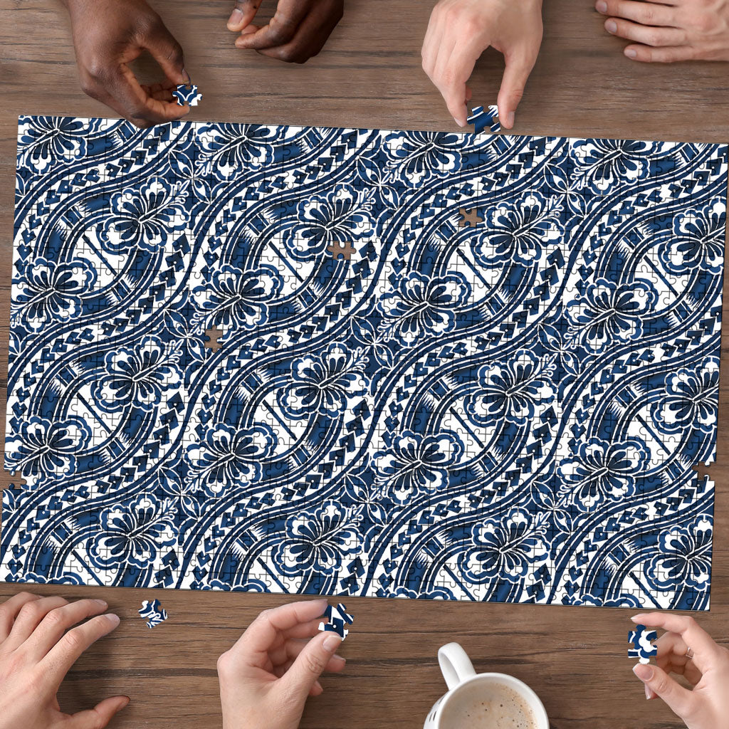 Hibiscus Bloom Island Tribal Waves Puzzle Blue Polynesian Pattern LT01 - Polynesian Pride