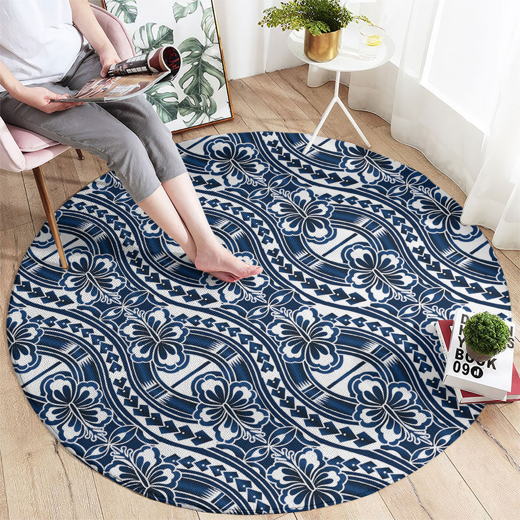 Hibiscus Bloom Island Tribal Waves Round Carpet Blue Polynesian Pattern