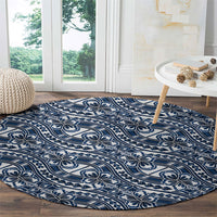 Hibiscus Bloom Island Tribal Waves Round Carpet Blue Polynesian Pattern