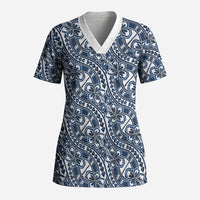 Hibiscus Bloom Island Tribal Waves Scrub Top Blue Polynesian Pattern LT01 Adult Blue - Polynesian Pride