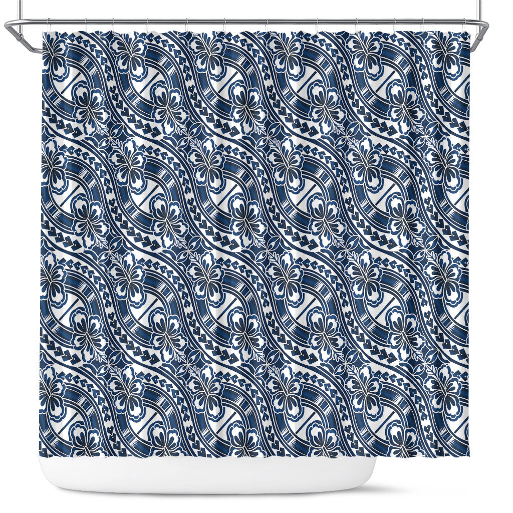 Hibiscus Bloom Island Tribal Waves Shower Curtain Blue Polynesian Pattern LT01 Blue - Polynesian Pride