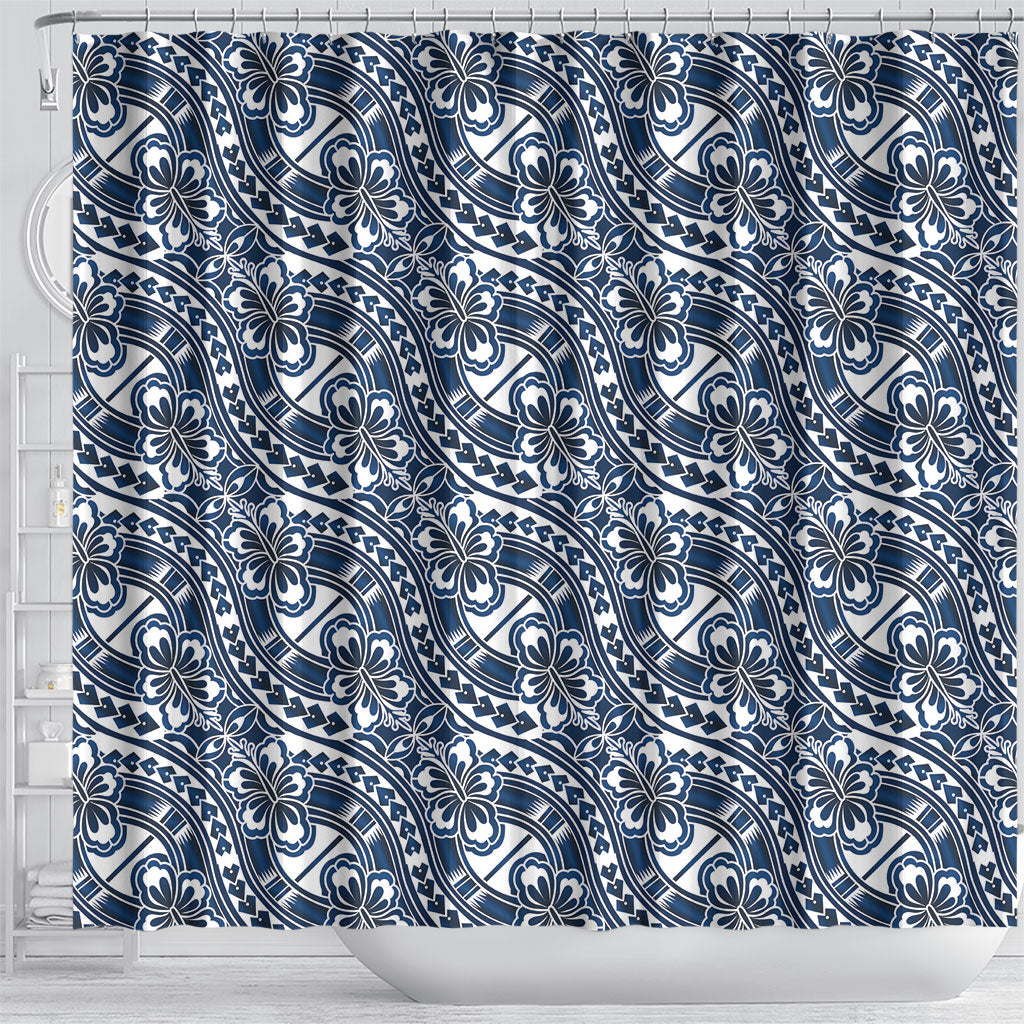 Hibiscus Bloom Island Tribal Waves Shower Curtain Blue Polynesian Pattern LT01 - Polynesian Pride