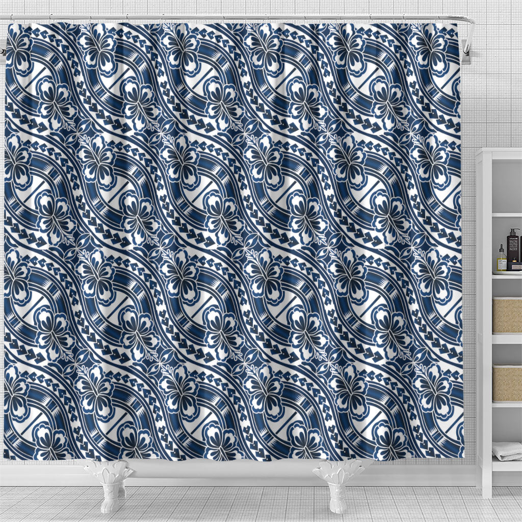 Hibiscus Bloom Island Tribal Waves Shower Curtain Blue Polynesian Pattern LT01 - Polynesian Pride